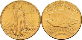 20 dollars "Saint-Gaudens" 1908 S, San Francisco. Liberté avançant de face sur un fond de rayons / Aigle volant à gauche. Au-dessous, DEVISE des Etats...