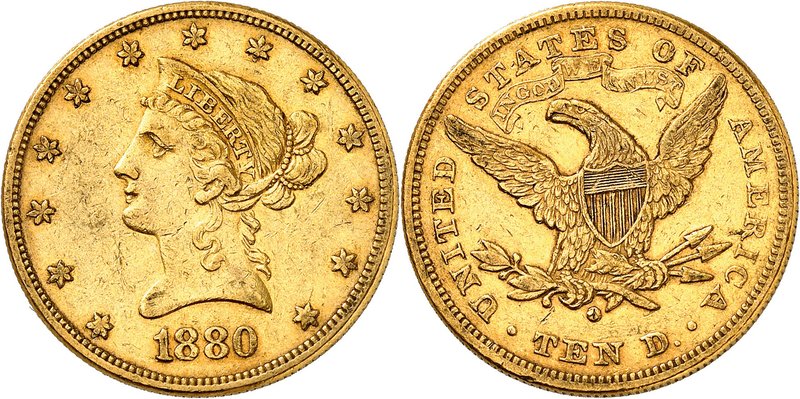 10 Dollars 1880 O, New Orleans. Tête de la Liberté à gauche, entourée de treize ...