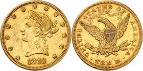 10 Dollars 1880 O, New Orleans. Tête de la Liberté à gauche, entourée de treize étoiles. Date en dessous / Ecusson sur une aigle aux ailes éployées, t...