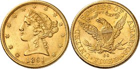 5 Dollars "Coronet Head" 1891 CC, Carson City. Tête de la Liberté à gauche, entourée de treize étoiles. Date en dessous / Ecusson sur une aigle aux ai...