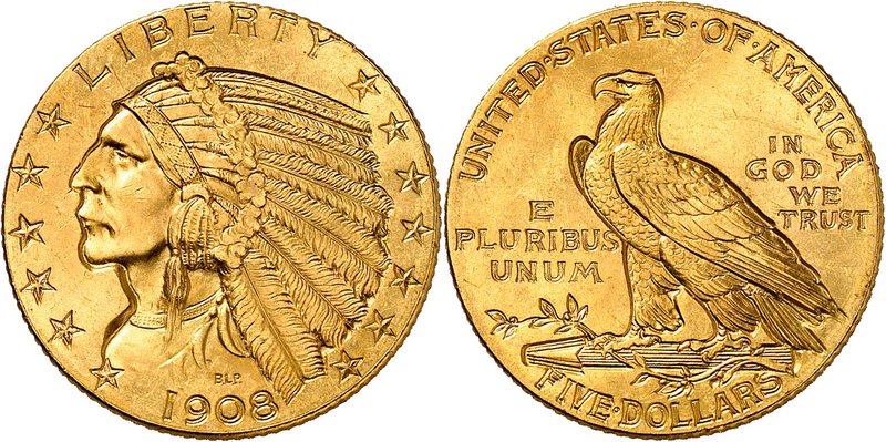 5 Dollars "Indian" 1908. Tête d'Indien à gauche entourée de treize étoiles. Date...
