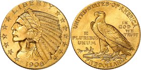 5 Dollars "Indian" 1908. Tête d'Indien à gauche entourée de treize étoiles. Date en-dessous / Aigle à gauche, valeur en-dessous. DEVISE (motto) dans l...