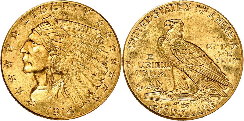 2,5 Dollars "Indian" 1914.Tête d'Indien à gauche entourée de treize étoiles. Dat...