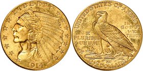 2,5 Dollars "Indian" 1914.Tête d'Indien à gauche entourée de treize étoiles. Date en-dessous / Aigle à gauche, valeur en-dessous. DEVISE (motto) dans ...