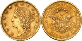 Californie. Kellogg & Co.
20 dollars 1854.Tête de la Liberté à gauche, entourée de treize étoiles. Date en dessous / Ecusson sur une aigle aux ailes ...