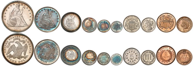 Série complète de 10 pièces FRAPPEES sur FLAN BRUNI 1871. 1 dollar, 1/2 dollar, ...