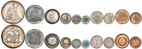 Série complète de 10 pièces FRAPPEES sur FLAN BRUNI 1871. 1 dollar, 1/2 dollar, 1/4 dollar, 1 dime, 1/2 dime, 3 cents (argent); 5, 3 cents (cuivre-nic...