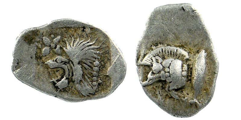 Kyzikos, Mysia. AR Obol. 450-400 BC.
Forepart of boar left, tunny behind./Head ...