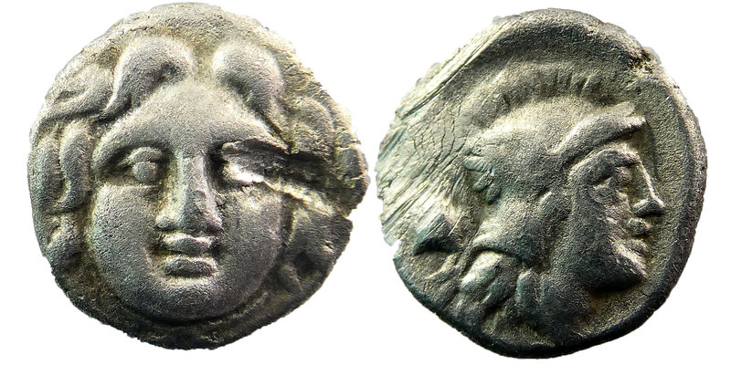 Selge, Pisidia. AR Obol c. 350-300 BC.
Facing Gorgoneion. 
Helmeted head of At...