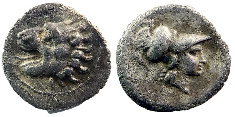 PAMPHYLIA, Side. 2nd-1st century BC. AR Obol 
Lion’s head left / Helmeted head ...