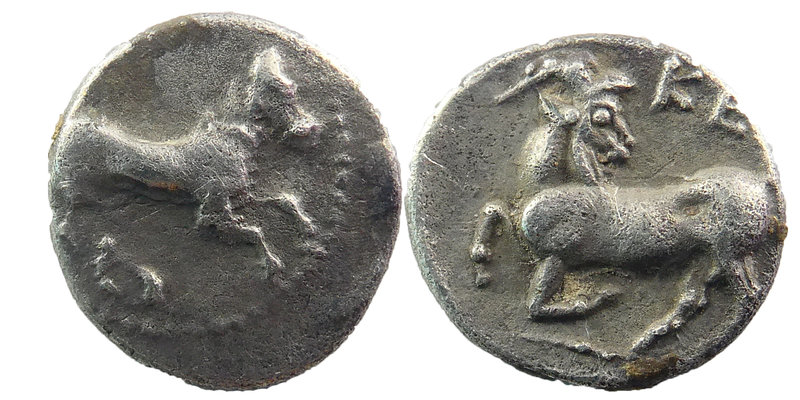 Cilicia, Kelenderis. Ca. 350-333 B.C. AR Obol.
Horse prancing / Kneeling goat w...