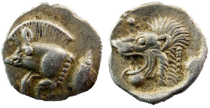 Mysia, Kyzikos AR Obol. c. 450-400. 
Forepart of boar tunny behind / Head of li...