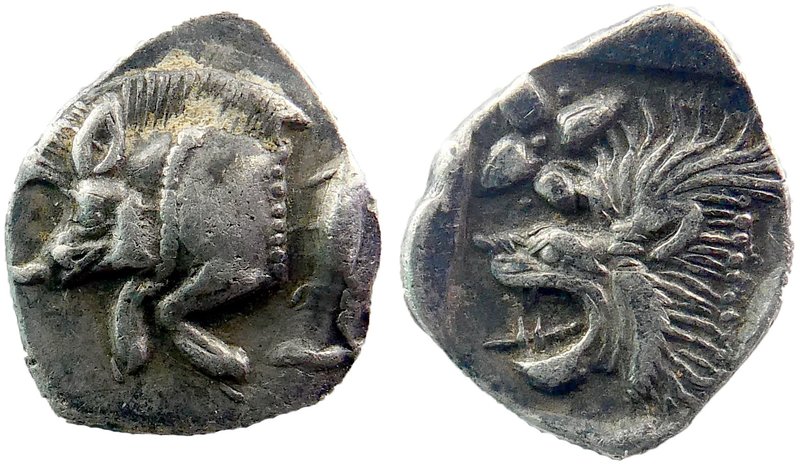 Mysia, Kyzikos AR Obol. c. 450-400. 
Forepart of boar tunny behind / Head of li...