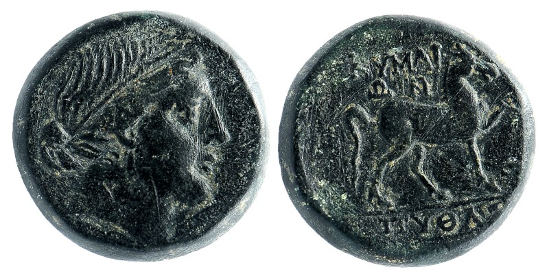 AEOLIS. Kyme. Circa 250-200 BC. AE
Pythas, magistrate. Diademed head of the Ama...