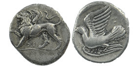 Sikyonia, Sikyon. Ca. 330/20-280 B.C. AR hemidrachm 
Chimaera advancing left; ΣI below 
Dove flying left; one pellet above tail feathers. 
BCD 292;...