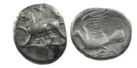 Sikyonia, Sikyon. Ca. 330/20-280 B.C. AR hemidrachm 
Chimaera advancing left;
Dove flying left; one pellet above tail feathers. 
BCD 292; SNG Copen...