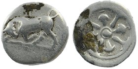 PHLIASIA, Phlious. Circa 400-350 BC. AR Trihemiobol 
Bull butting left; I above / Wheel with four spokes; with pellet in axle, Φ in lower quarter, bu...