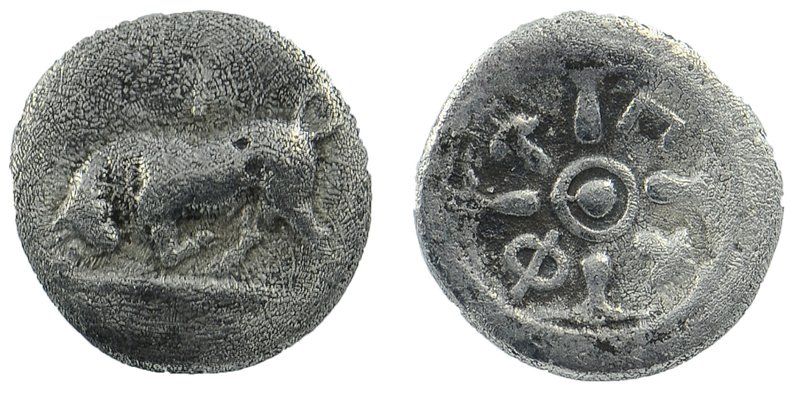 PHLIASIA, Phlious. Circa 400-350 BC. AR Trihemiobol
Bull butting left; I above...