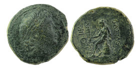 SELEUKID KINGS OF SYRIA. Antiochos III ‘the Great’ (222-187 BC). AE
Obv: Laureate head right.
Rev: BAΣΙΛΕΩΣ ΑΝΤΙΟΧΟΥ.
Apollo seated left on omphalo...