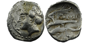 Sinope , Paphlagonia. AR Drachm c. 410-350 BC.
Head of nymph left, wearing ear-ring; hair in sakko
Sea-eagle on dolphin left; 
BMC 11; SNG Cop. 277...
