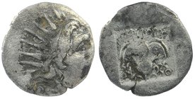 Caria. Rhodos . 180-150 BC.
Hemidrachm AR
Radiate head of Helios right.
rose with bud to right; star to left, all within incuse square.
Br. M. 254...