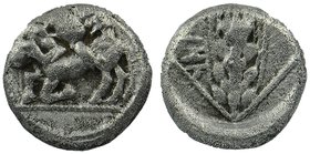 CILICIA, Tarsos. Circa 420-410 BC.
Lion right, attacking bull standing left. 
Grain ear within diamond-shaped linear border; tree in left field, eth...