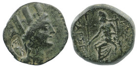 CILICIA. Tarsos. Ae (164-27 BC). 
Obv: Turreted head of Tyche right; monogram to left . 
Rev: ΤΑΡΣΕΩΝ. Zeus seated left on throne, holding sceptre; ...