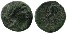 Seleukid Kingdom. Antiochos III ‘the Great’ (222-187 BC). Ae 
Laureate head right of Artemis. 
Apollo seated left on omphalos, holding arrow and res...