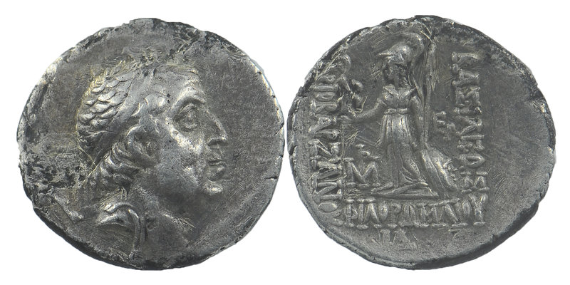 Kings of Cappadocia. Ariobarzanes I AR Drachm. 96-63 BC.
Diademed head right / ...