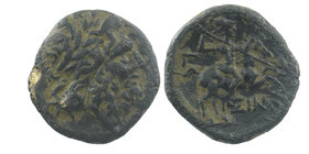 PISIDIA. Isinda. Ae (2nd-1st centuries BC).
 Laureate head of Zeus right.
Warrior on horseback right, hurling spear; below, coiled serpent right; in...