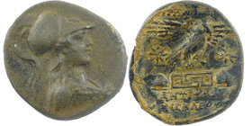 Phrygia. ca 133-48 BC. AE Bust of Athena right, wearing high-crested Corinthian helmet and aegis
Eeagle alighting on basis with meander pattern, flan...