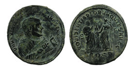 Diocletian (284-305). Follis. Serdica.
Laureate and mantled bust right, holding branch and mappa.
Providentia standing right, extending hand to Quie...