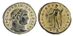 Maximianus. First reign, A.D. 286-305. AE follis
Heraclea mint, struck A.D. 296-8.
laureate head right /Genius standing left, holding patera and cor...