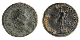 Trajan. AE dupondius Rome, A.D. 114-117
 radiate and draped bust right/Felicitas standing left, holding caduceus and cornucopia. 
RIC 674; BMCRE 102...