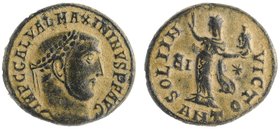 Maximinus Daia.Antioch, 312-313 AD. AE follis.
IMP C GAL VAL MAXIMINVS P F AVG /laureate head right
SOLI INVICTO/Sol standing left, raising right ha...