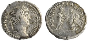 HADRIAN (117-138). Denarius. Rome.
Hadrian standing right, holding roll and clasping hands with Fortuna standing left, holding cornucopia.
RIC III 2...