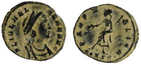 Helena Æ Nummus. Constantinopolis, AD 330.
FL IVL HELENAE AVG, diademed and mantled bust right, wearing necklace / PAX PVBLICA, Pax standing left, ho...
