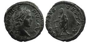 Caracalla AD 211-217. Rome. Denarius AR
ANTONINVS PIVS AVG; laureate and draped bust right / VOTA SVS-CEPTA X; Caracalla standing left, sacrificing o...