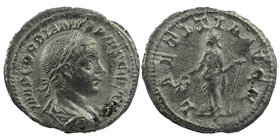 Gordian III, 238-244. Denarius AR
Laureate, draped and cuirassed bust of Gordian III to right
AETITIA AVG N Laetitia standing left, holding wreath i...