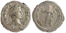 Caracalla (198-217 AD). AR Denarius
Laureate head right.
 Virtus, helmeted, standing right, left foot on helmet, holding spear and parazonium.
RIC ...