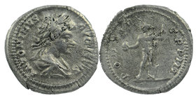 Caracalla (196-217) - AR Denarius 
Draped bust right / PONTIF TRP III Sol standing facing, head left, holding globe and spear 
(RIC 30b / C. 413) - ...
