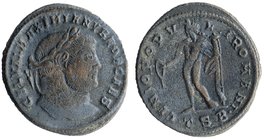 Maximianus Herculius (285-310) AE Follis
Thessalonica, 300-301.
Laureate head r.
Genius l., pater, cornucopiae.
RIC 22b.
8,99 gr. 27 mm