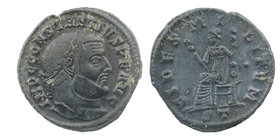 Constantius I, 305-306. Follis. 
Ticinum, 305. 
IMP C CONSTANTIVS P F AVG Laureate head of Constantius I to right. 
Rev. FIDES MILITVM / ST Fides s...