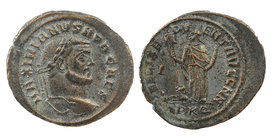 Maximianus Herculius (286-305 AD). AE Follis Carthago Mint
Obv. IMP MAXIMIANVS P F AVG, Laureate head right.
Rev. FELIX ADVENT AVGG NN, Africa stand...