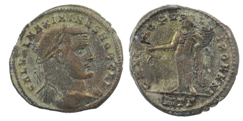 Maximianus AE Follis. Heraclea, AD 297-298. 
Laureate head right 
Genius stand...