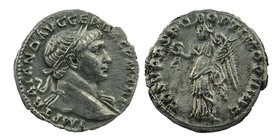 Trajan, 98-117. Denarius AR Rome, 107-108.
 IMP TRAIANO AVG GER DAC P M TR P Laureate bust of Trajan to right, with slight drapery on far shoulder. ...