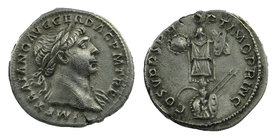 Trajan, 98-117. Rome
Denarius, AR
IMP TRAIANO AVG GER DAC P M TR P Laureate bust right, slight drapery 
Rev: COS V P P SPQR OPTIMO PRINC Trophy; at...