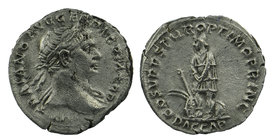Trajan. Rome, AD 103-111. Denarius AR
IMP TRAIANO AVG GER DAC P M TR P, laureate bust right, drapery on far shoulder 
COS V P P SPQR OPTIMO PRINC, D...