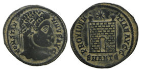 Constantine I Æ Follis. Antioch, AD 327-328. 
CONSTANTINVS AVG, diademed head right 
PROVIDENTIAE AVGG, camp gate with two turrets, no door, thirtee...