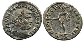 Maximinus II, as Caesar. Heraclea, AD 305-306. AE Silvered Follis
GAL VAL MAXIMINVS NOB CAES, laureate head right / GENIO POPVLI ROMANI, Genius stand...